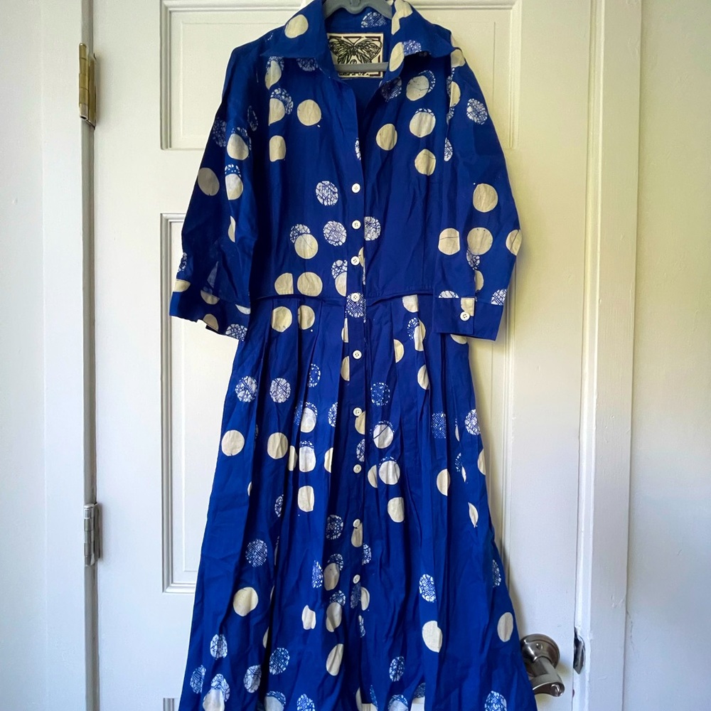 Samantha Sung Shibori dyed navy/white polkadot dress SZ2 Mid-length Button up